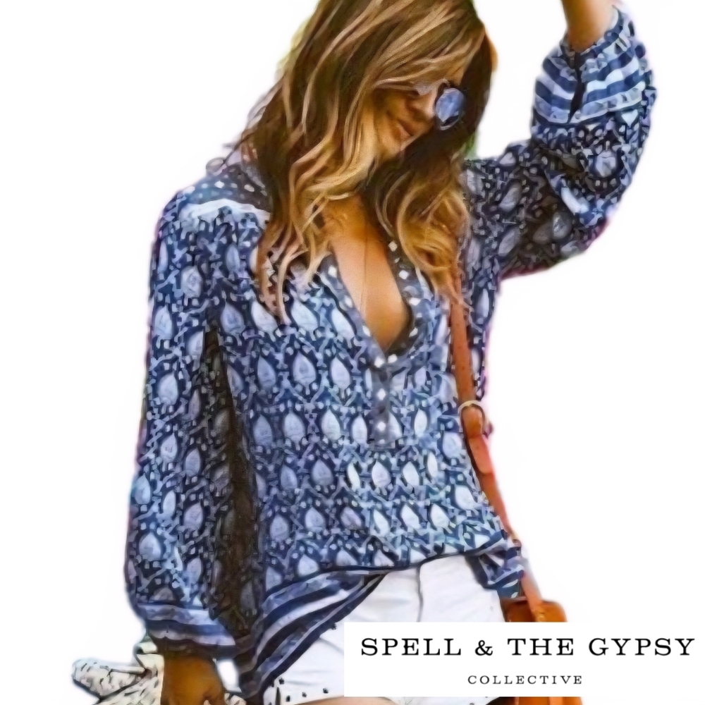 Spell & The Gypsy Collective Designs Indigo ORACLE BLOUSE Blue Boho Tunic Top XS